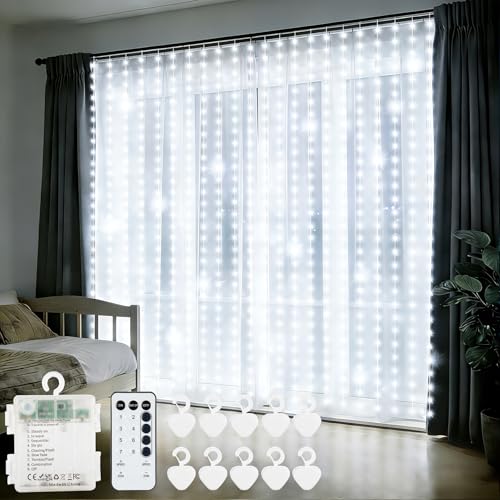 Curtain Lights Battery Operated 9.8 x 9.8Ft with Timer Cool White (300 Count)