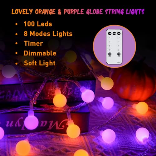 100 LED Globe Orange and Purple Halloween Lights Indoor Remote