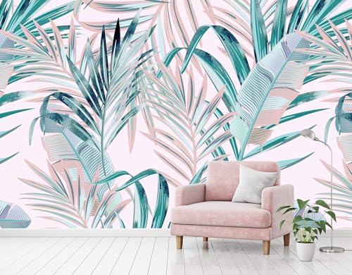 Pink and Green Palm Leaf Peel and Stick Wallpaper for Girl's Bedroom