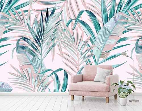 Pink and Green Palm Leaf Peel and Stick Wallpaper for Girl's Bedroom