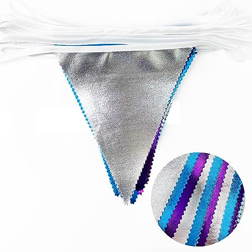 Frozen Party Decoration Purple Blue Silver Metallic Fabric Triangle Pennant Banner Flag Bunting Garland for Frozen Winter Wonderland Christmas Birthday Wedding Baby Shower Bridal Shower Party Supplies (32 Foot)
