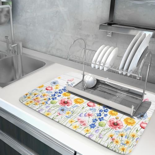 Spring Summer Dish Drying Mat for Kitchen Counter Farmhouse Watercolor Floral Super Absorbent Reversible Microfiber Kitchen Countertop Protector Dishes Pad Large 18x24 inch