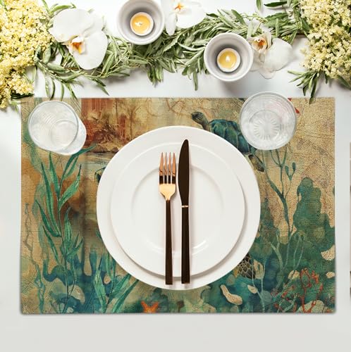 Sea Turtle Placemats Set of 4 Summer Beach Seasonal Linen Table Mats 12x18 Inch Vintage Ocean Animal Heat Resistant Washable Non (4 Count)
