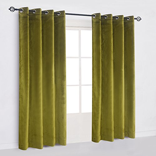 Super Soft Luxury Velvet Olive Green Set of 2 Thermal Light Blocking Drapes Curtain Panel Grommet Top Curtain Draperies Eyelet 52Wx120L inch Green Yellow
