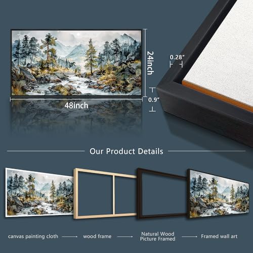 Large Wall Art For Bedroom Wall Decor For Living Room Office Decoration Rivulet View Painting Forest Tree Landscape Watercolour Pictures Canvas Artworks Home Decor Black Framed 24x48 In