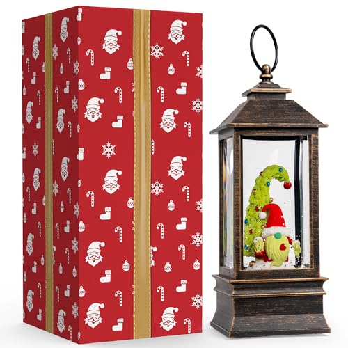 Christmas Snow Globe Lantern Water Glittering Xmas Gnome with Whimsical Christmas Tree