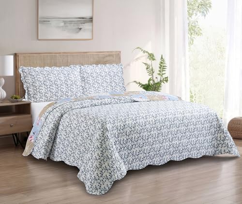 Pink Rose & Beige Toile Patchwork Quilt Set