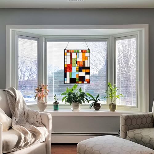 Geometric Color Block Tiffany Style Stained Glass Window Panel with Hanging Chain