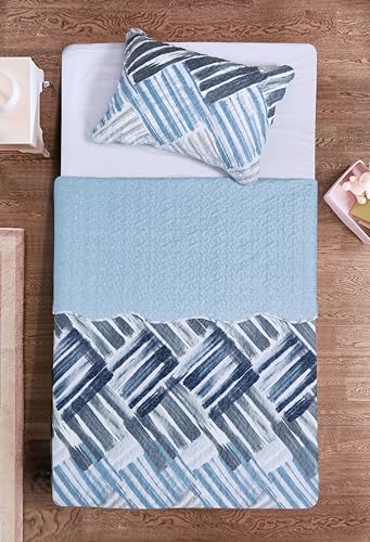 Blue Grey Stripes & Blocks Patchwork Quilt Set (2 Piece Set)