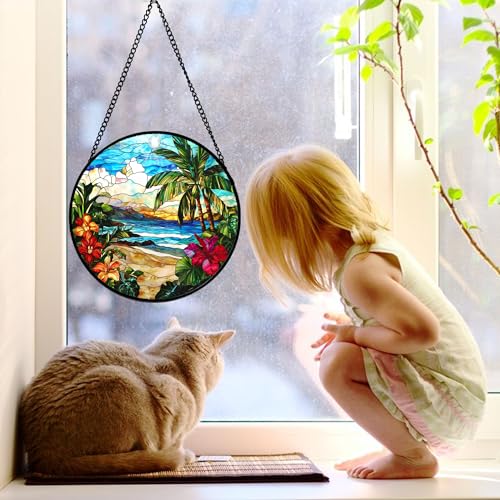 Tropical Hibiscus Beach Stained Glass Window Hanging Suncatcher Gifts 12"