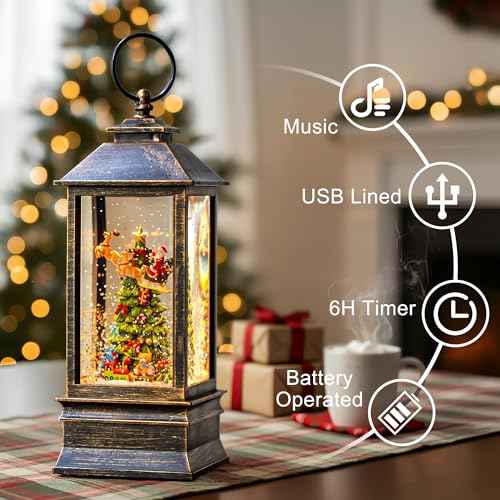 10.4" Christmas Snow Globe Flying Santa Around The Tree Water Lantern