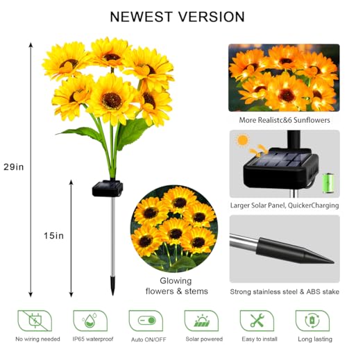 Solar Sunflower Lights 2 Pack with 12 Sunflower Solar Lights Outdoor Garden Decor Birthday Gift for Mom Women Grandma (12 Count)
