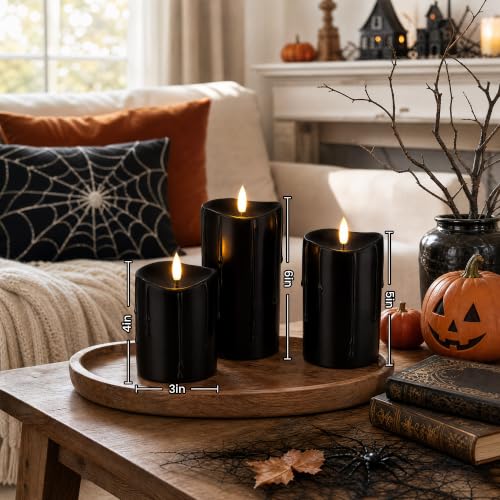 Black Real Wax Dripping Halloween Flameless Pillar Candles with Remote (3 Count)