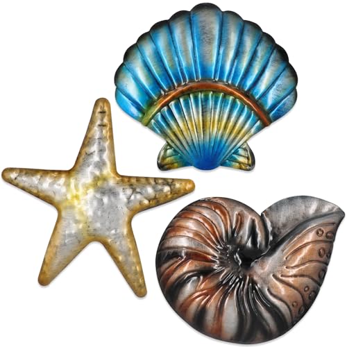 Metal Ocean Wall Sculptures Outdoor Metal Sea Star Conch Wall Art Decor Pool Garden Patio Bathroom Yard Farmhouse Fence Deck (3 Count)