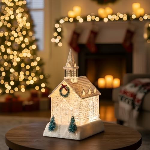 Christmas Lighted Church Water Lantern Snow Globe with Evergreens and Wreath