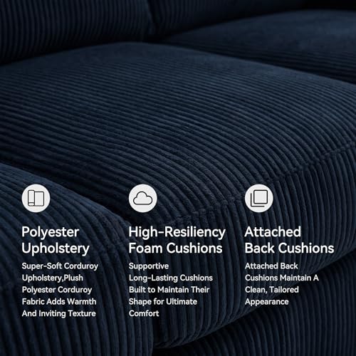 Sofa, 83-in Navy Corduroy, Anti-Sag Platform