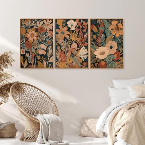 Vintage Burnt Orange Floral Framed Canvas Wall Art Set of 3 (3 Count)