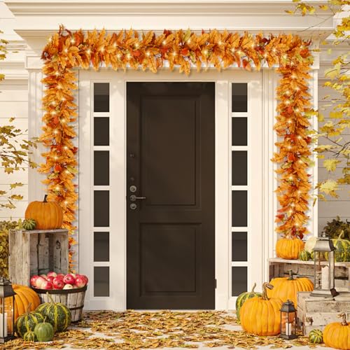 2PC Realistic Fall Garland for Mantle 6FT Fall Leaves Garland With Lights (2 Count)