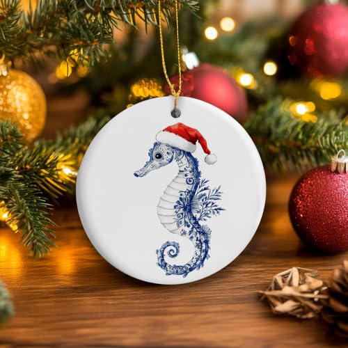 Blue Chinoiserie Santa Seahorse Christmas Ceramic Ornament