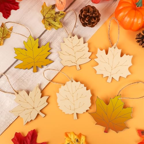24 PCS Unfinished Wooden Fall Crafts Maple Leaves Shaped Hanging Ornaments (24 Count)
