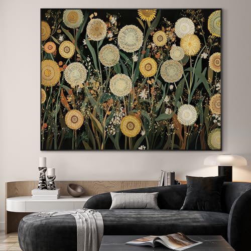 36"x46" Extra Large Framed Wall Art Whimsical Dandelion Field in Yellow and Green