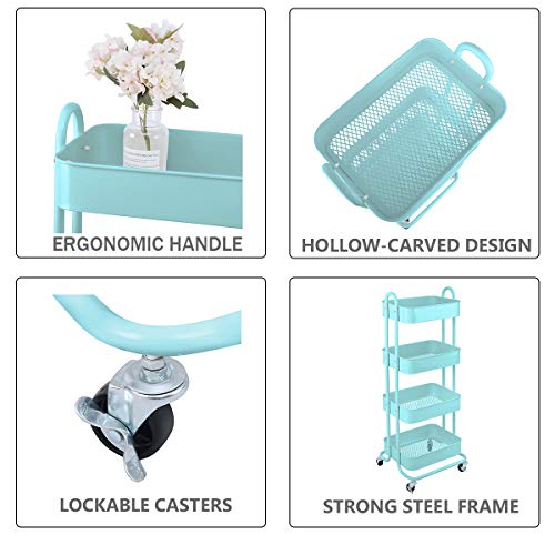 4 Tier Metal Mesh Utility Rolling Cart Storage Organizer Shelf Rack with Lockable Wheels for Living Room Kitchen Office