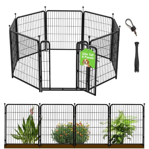 32 in(H) Decorative Garden Fence with Gate, 8 Panels Total 17.7 Ft(L) Heavy Duty Iron Animal Barrier Fence for Yard,Suitable for Indoor Pet Or Outdoor Dog Fencing, Garden Border Fence (32 Sq Ft)