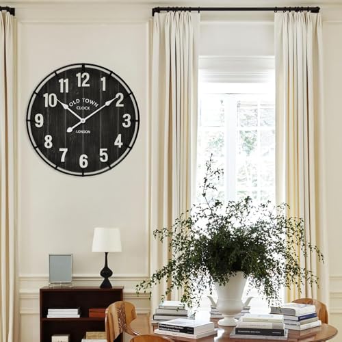 Large Old Town Farmhouse Black Wall Clock 24 Inch Rustic Antique Wood with Metal Circle and Large Numerals Silent Battery Operated Wall Clock for Office Kitchen Bedroom Living Room