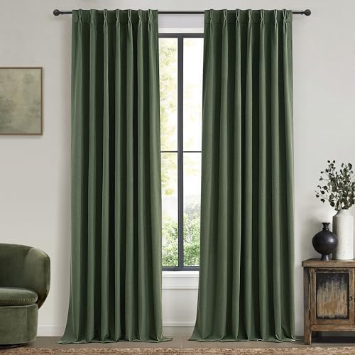 Dark Academia Decor Olive Green Textured Blackout Curtains Panels 108 Inches Lengh Large Window Extra Long Luxury Curtains for Living Room Flax Linen Drapes Pinch Pleated (2 Count)