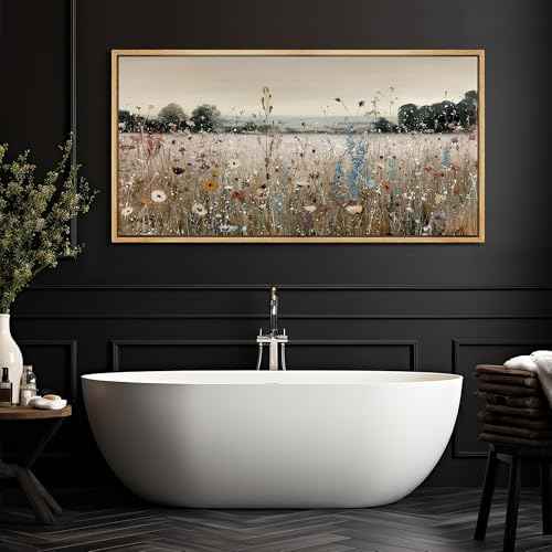 Extra Large Framed Canvas Print Wall Art Wildflower Meadow Landscape Blooming Field Illustrations Fine Art Illustrations Decorative Colorful for Bedroom