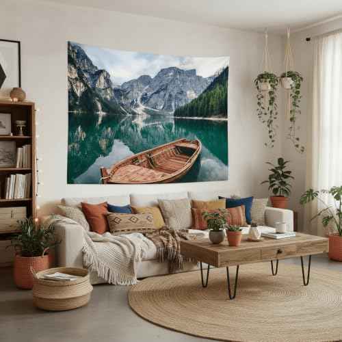 Nature Mountain Lake Boat Tapestry 48x36 Inch