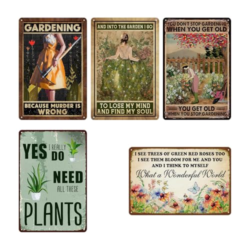 5 Pack Garden Signs Vintage Metal Tin Signs For Outside Garden Signs Decorative Outdoor Plant Lover Gifts Gardening Gift For Women Yard Sign Funny Gardening Decor 12x8 Inch (5 Count)