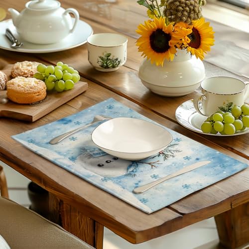 Blue Snowman Snowflake Winter Placemats Set of 4 Seasonal Christmas Linen Table Mats 12x18 Inch Xmas Holiday Snow Farmhouse Rustic Washable Place Mats for Party Kitchen Dining Outdoor Indoor Decor (4 Count)