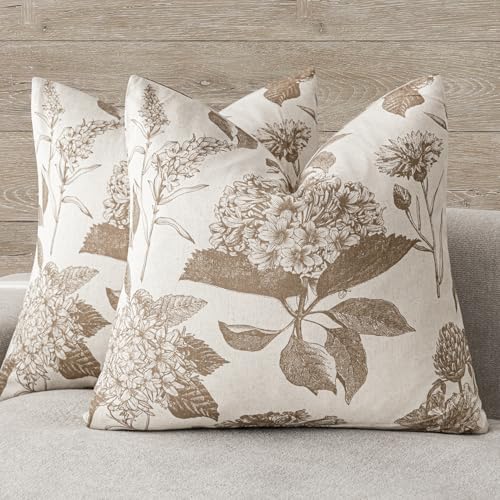 Set of 2 Linen Floral Throw Pillow Covers Neutral Vintage Print Decorative Cushion Covers Farmhouse Boho Home Decor for Sofa Chair Couch Bedroom Living Room (2 Count)