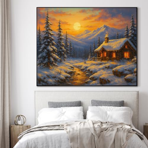 36"x46" Extra Large Framed Wall Art Cozy Cabin in Snowy Mountain Landscape at Sunset for Home Living Room Bedroom Decor