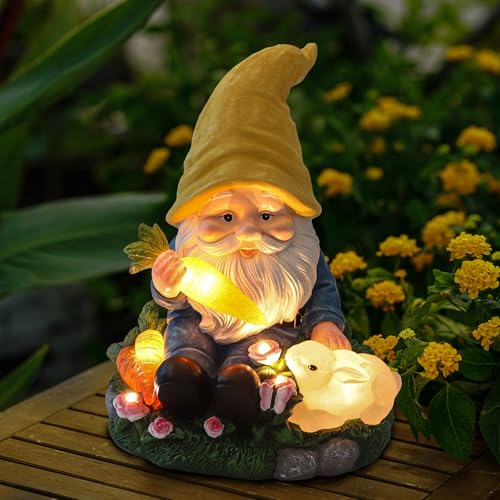 Solar Garden Outdoor Statues Gnome Feeding Rabbit with 6 LED Lawn Decor Outside Decorations for Patio