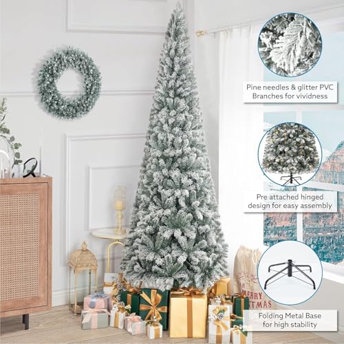 9ft Slim Snow Flocked Christmas Tree with Lights