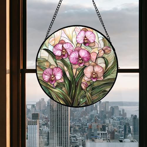 Phalaenopsis Orchid Stained Glass Window Hanging Decor Gifts for Women 12"