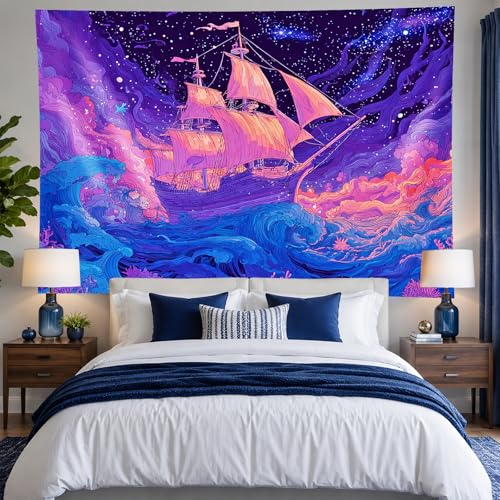 Blacklight Tapestry Ocean Ship Neon Wall Art 78 x 59 Inch