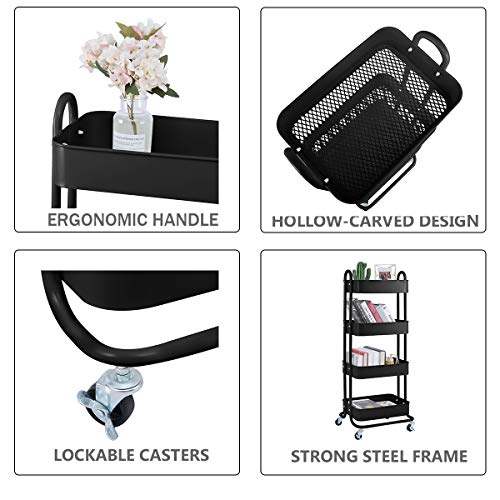 4 Tier Metal Mesh Utility Rolling Cart Storage Organizer Shelf Rack with Lockable Wheels for Living Room Kitchen Office