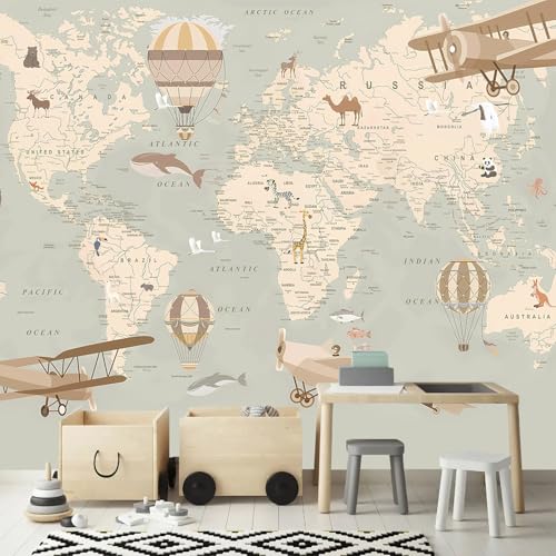 Vintage Animal Wallpaper Cartoon Aircraft Map wall murals for Kids Room 114"x74"