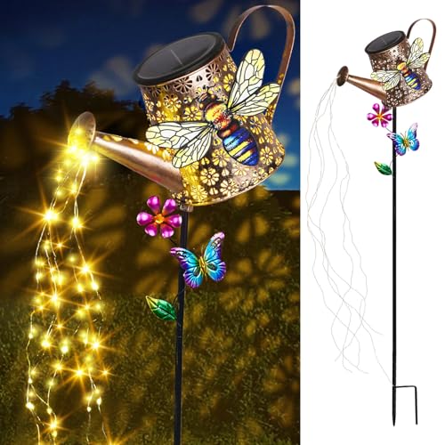 Solar Metal Watering Can with Bee and Cascading Lights Outdoor Decor