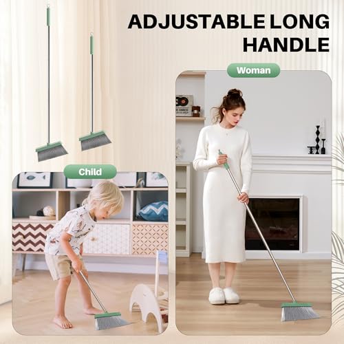Dark Teal Green Broom and Dustpan Set with 56” Handle