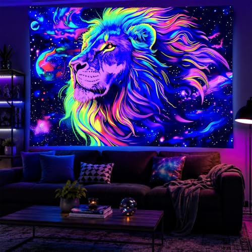 Blacklight Tapestry Lion Space Party Wall Decor 78 x 59 Inch