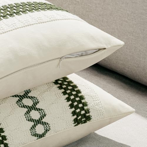 Set of 2 Moss Green Boho Decorative Lumbar Pillow Covers 12x20 Inch (2 Count)