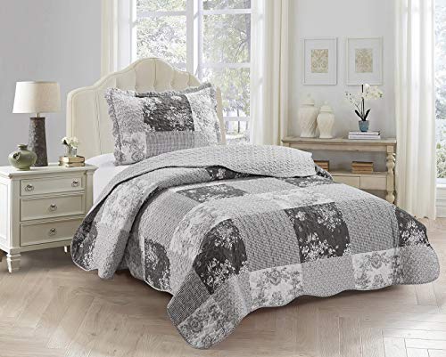 Multi Grey Toile & Floral Patchwork Quilt Set