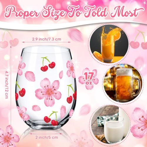 2 Pack 17oz Cherry Blossom Stemless Wine Glasses Cherry and Flower Drinking Glasses Floral Tumbler Cups for Women Wedding Birthday Gift Parties Supplies (2 Count)
