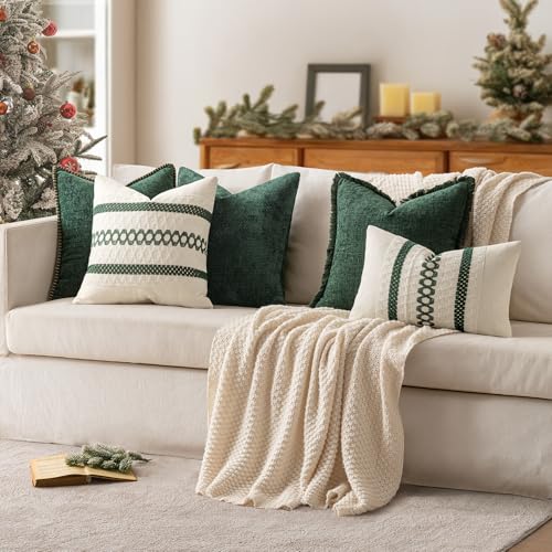 Set of 2 Dark Green Boho Decorative Lumbar Pillow Covers 12x20 Inch (2 Count)