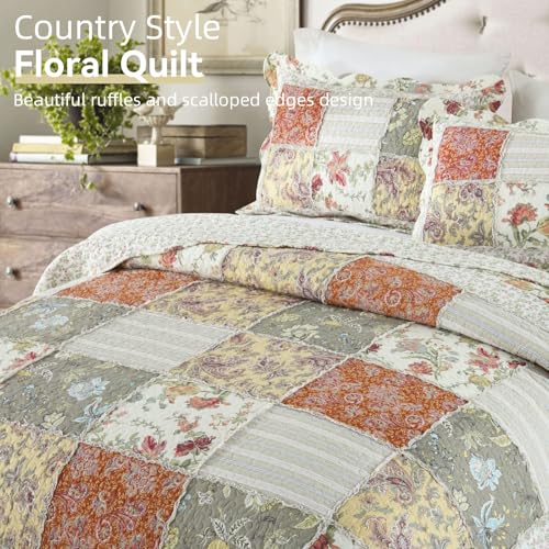 3 Piece Quilt Set Queen Size Quilted Bedspread Reversible Country Style Floral Real Patchwork Bedding Quilt Set with Ruffles with Pillowcases for All Seasons