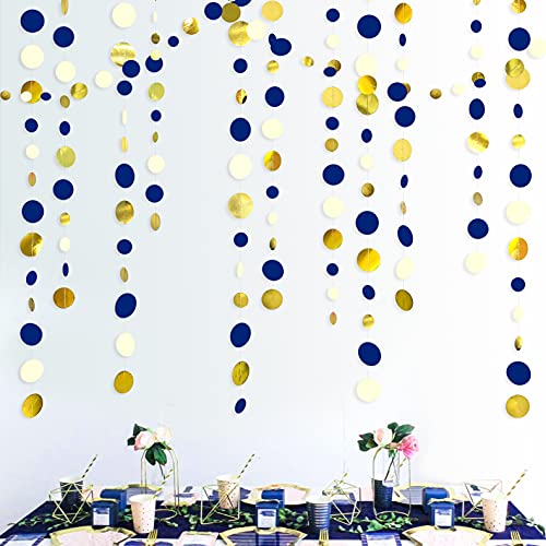 Navy Blue and Gold Circle Dots Garland Royal Blue Hanging Paper Polka Dot Streamer for Birthday Wedding Bridal Shower Graduations Nautical Ahoy Achor Pirate Themed Party Decorations Supplies